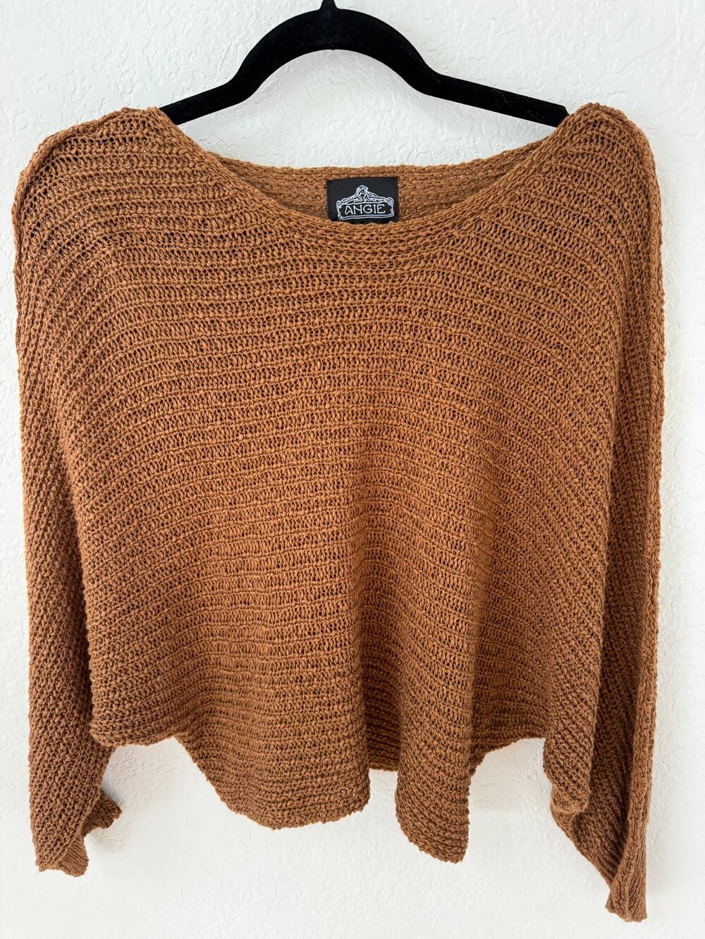 cAngie Women's Brown/camel Open Knit Cropped Boho Oversized Sweater Batwing M